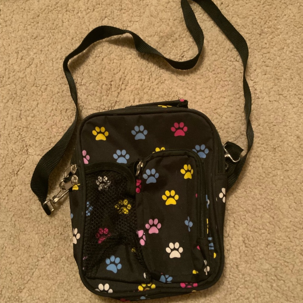 Black Crossbody Bag with Colorful Paw Prints